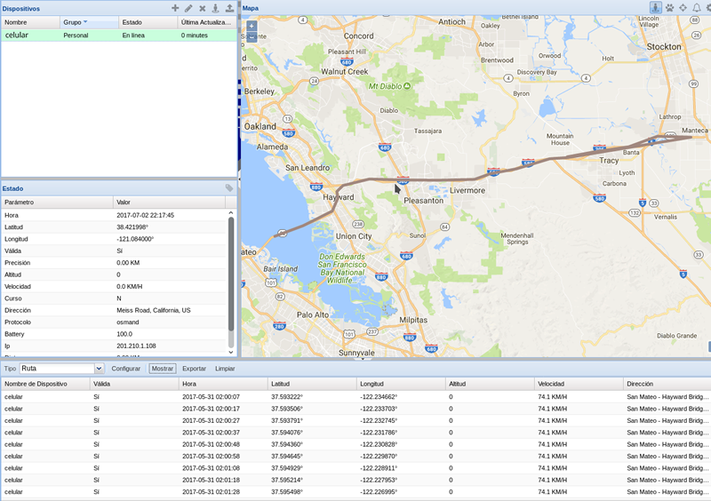 Sofware mostrando recorrido